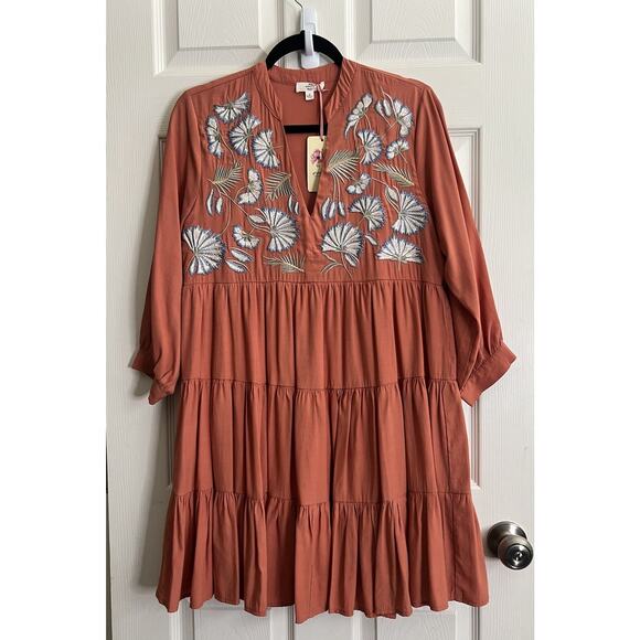 Entro Dresses & Skirts - ENTRO Terracotta Blue Floral Embroidered Tiered Mini Dress